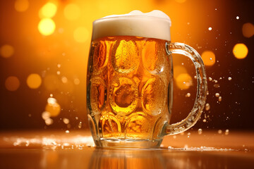 Wall Mural - A beer mug on the wooden table. The beer is pale golden in color and have thick white foam on top. There was a little beer splashed on top. If you try a sip of cold beer, it will be very refreshing.