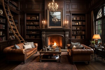 Wall Mural - A classic library with rich mahogany shelves, leather-bound books, and a cozy fireplace, offering a timeless and sophisticated reading haven.