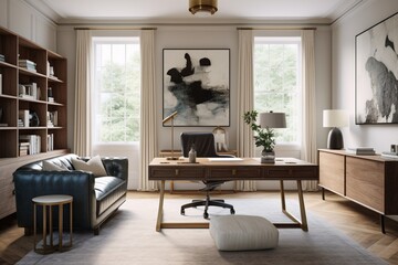 Wall Mural - A stylish home office with a mix of vintage and modern furniture, curated artwork, and a seamless blend of functionality and aesthetics.