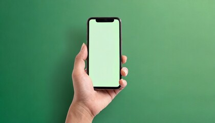 Hand using smartphone with blank screen, isolated on green background