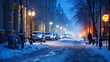 冬の都市、夜の雪の街の風景