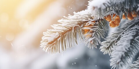 Poster - A detailed view of a pine tree covered in snow. Perfect for winter-themed designs and holiday decorations