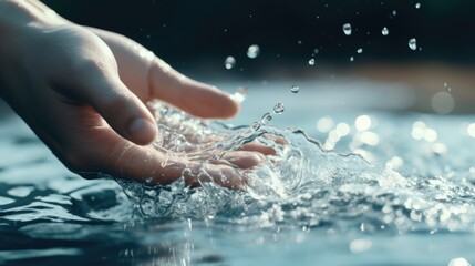 Poster - A person holding their hand out in the water. Can be used to depict concepts of exploration, connection, or tranquility