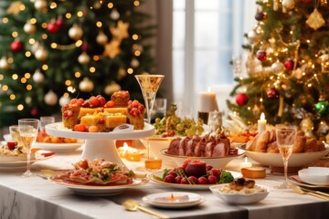  A table topped with plates of food next to a Christmas tree. Perfect for holiday celebrations and festive gatherings