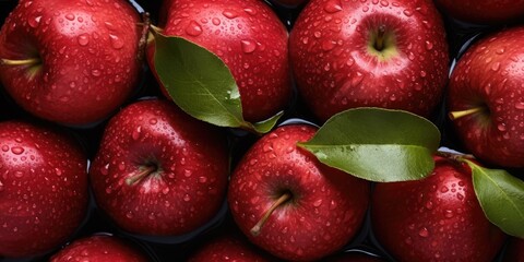 Poster - A bunch of red apples with green leaves. Can be used for healthy eating concepts