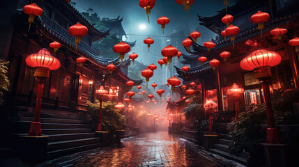 Red pagoda in Shanghai at night with colorful lanterns, foggy atmosphere