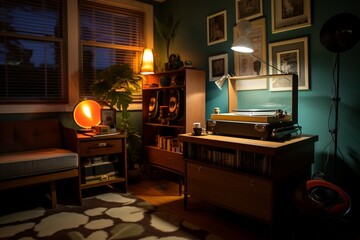 Wall Mural - A vintage record player corner with vinyl collections, retro furniture, and ambient lighting, evoking a sense of nostalgia and musical enjoyment.