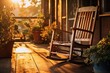 A weathered wooden rocking chair placed on a front porch, surrounded by potted plants and bathed in the warm glow of a setting sun