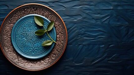 Canvas Print - A plate with a leaf on it sitting next to another plate, AI