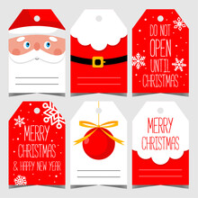 Christmas Label Or Tag For Gift With Decorative And Elements As Santa Claus, Snowflakes And Christmas Ball. Vector Design Template With Empty Space To Write A Text Or Greeting Message.