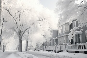 Poster - A black and white photo of a snowy street. Suitable for winter-themed projects