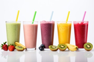 Poster - A vibrant row of fruit smoothies featuring fresh strawberries, kiwi, and blueberries. Perfect for promoting a healthy lifestyle or illustrating refreshing summer beverages