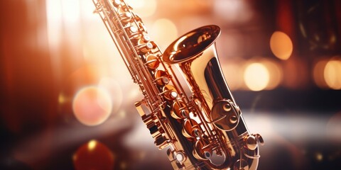 Poster - A detailed shot of a saxophone on a stage. Suitable for music-related projects