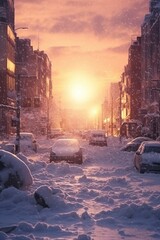 Poster - A city street covered in snow during a beautiful sunset. Perfect for winter-themed designs and holiday concepts