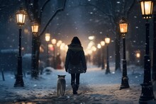 A Woman Is Pictured Walking Her Dog In The Snow. This Image Can Be Used To Depict Winter Activities Or The Bond Between A Pet And Its Owner