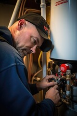 Canvas Print - A man is seen working on a hot water heater. This image can be used to depict home maintenance, plumbing repairs, or DIY projects