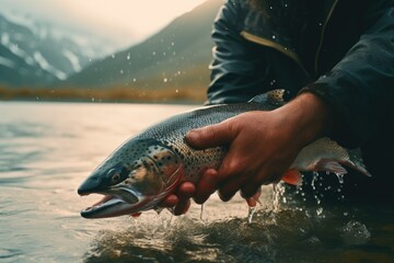 A person holding a fish in a body of water. Perfect for fishing enthusiasts or for illustrating concepts related to outdoor activities