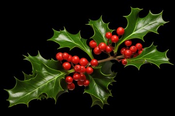 Poster - Holly branch with vibrant red berries against a dark black background. Perfect for holiday designs and festive decorations