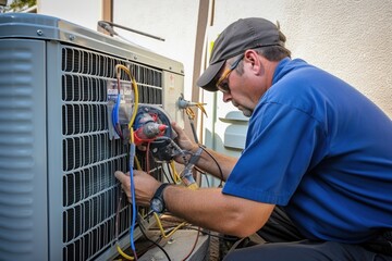 Wall Mural - A man is shown working on an air conditioner unit outdoors. This image can be used to depict maintenance, repair, or installation of air conditioning systems