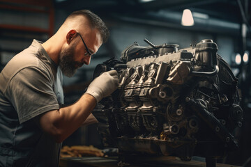 A male craftsman, in a workshop fixing an internal combustion engine, repair work