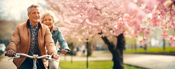 an adult couple rides bicycles in a spring park with a joyful and peaceful mood of happiness. outdoor fitness. healthy lifestyle. Generative AI