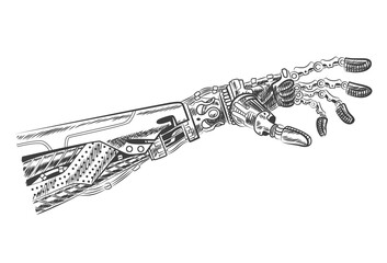 Aufkleber - Hand robot touching with fingers. Virtual reality or artificial intelligence technology concept - hand draw sketch design illustration