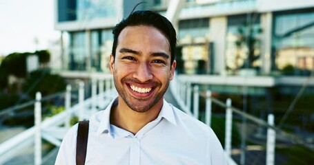 Poster - Businessman, face and laughing outdoor in city with confidence and pride for corporate career with bag. Asian man, portrait or happy in urban town with travel, commute and journey to workplace or job
