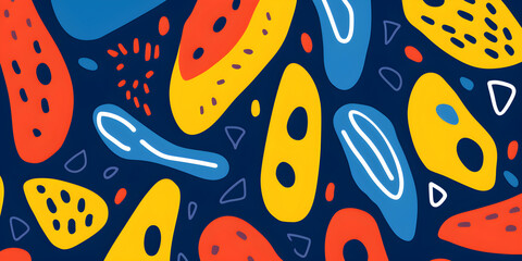Colourful abstract organic shape print pattern illustration in retro style. Trendy primary colour background with creative drawing