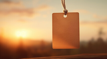Poster - A brown tag hanging from a string in front of a beautiful sunset. This image can be used to represent concepts such as reflection, identity, or leaving a mark