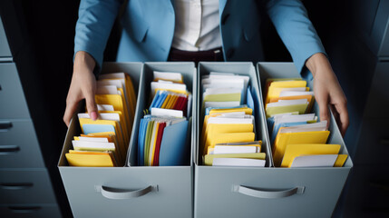 Wall Mural - Close-up of a person in a business suit searching through open file drawers full of documents.