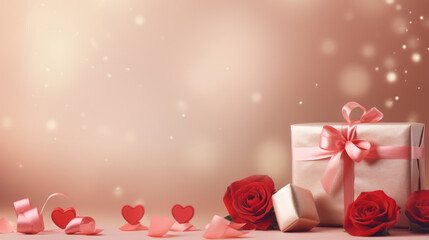 Canvas Print - Gift box tied with a ribbon, surrounded by small hearts and a bokeh light effect on a pink background, suggesting a romantic occasion like Valentine's Day.