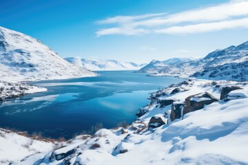 Poster - A captivating image of a vast body of water surrounded by majestic snow-covered mountains. This picture captures the serene beauty of nature in its purest form.