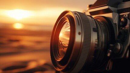 Poster - A close-up view of a camera with a stunning sunset in the background. Perfect for capturing beautiful moments and creating lasting memories