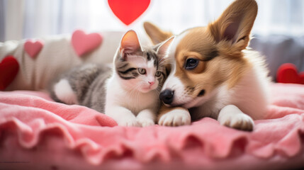 Canvas Print - Cute puppy and a kitten lying close to each other on a blanket, with red heart-shaped plush toy nearby