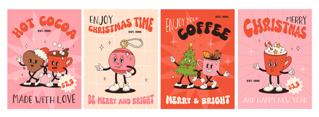 Wall Mural - Funny Retro cartoon Christmas characters in groovy 50s, 60s, 70s Vintage Style. Happy new year mascot with hot coffee, cocoa, gingerbread, cupcake, santa, present. Xmas vintage characters.