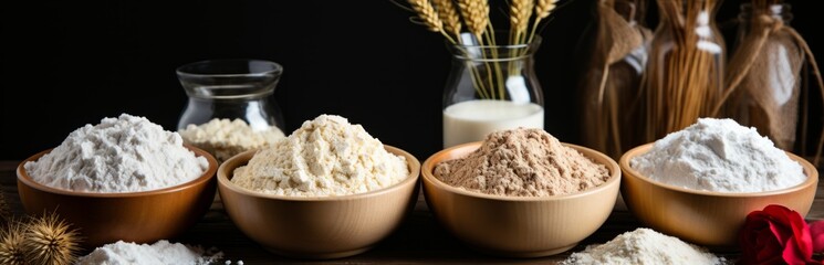 Wooden bowl with flour, decorated with ears of wheat, Concept: naturalness and organic nature of the product, healthy eating and natural food.