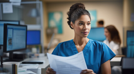 Poster - Healthcare worker in blue scrubs writing on a medical chart, indicating a busy hospital or clinic setting.