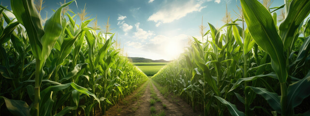 Wall Mural - Green cornfield with the sun peeking through the leaves