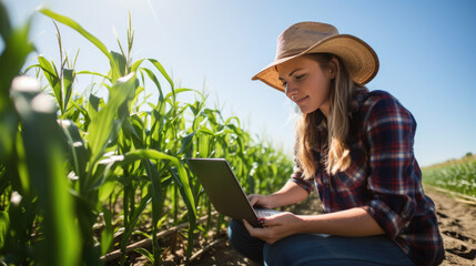 Wall Mural - Woman in a hat working on a laptop while sitting in a cornfield