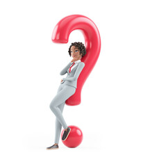 Wall Mural - 3d character businesswoman leaning under question mark