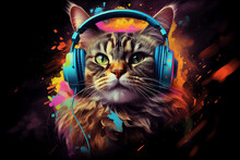 Cool Dj Cat In Headphones On A Black Background