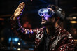© Gonzalo - Man in futuristic costume. Guy in glasses of virtual reality while touching air. Augmented reality game