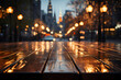 The empty wooden table top with blur background of NYC street. Exuberant image