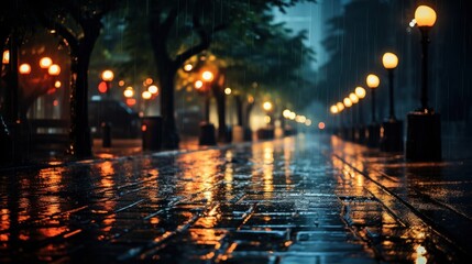 Canvas Print - A wet sidewalk with lights and trees in the background, AI