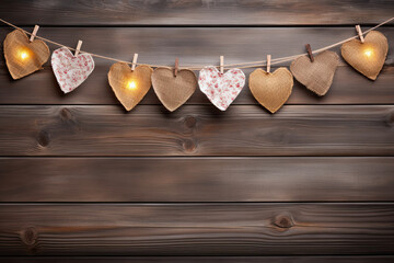 Wall Mural -  heart patterned fabric, shabby wood, Valentine's Banner, festive celebration 