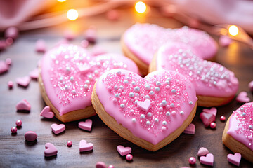 Wall Mural - Close up of a pink heart shaped sugar cookies, Valentine Bakery 