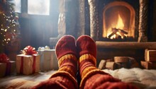 A Person Relaxes By A Crackling Fireplace, Feet Adorned With Woolen Socks, New Year And Christmas Holiday Celebrations. Warmly Lit, With A Decorated Tree And Gifts Adding To The Festive Cheer.