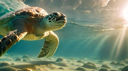 Poster - A peaceful underwater scene with sea turtles and colorful corals.