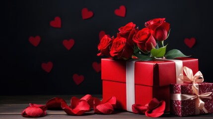 Gift box, bouquet of fresh roses and festive red hearts on dark background.