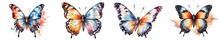 A Collection Of Watercolor Colorful Butterflies In PNG Format Or On A Transparent Background. Decorations And Watercolor-painted Design Elements For A Project, Banner, Postcard, Business.